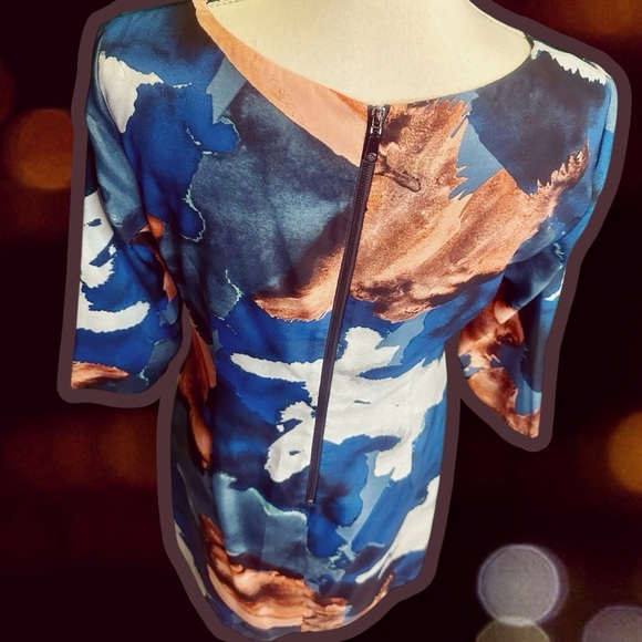 NWOT Vince Camuto Blue & Copper Abstract Watercolor Print Pleated Shift Dress 8 - Picture 8 of 15